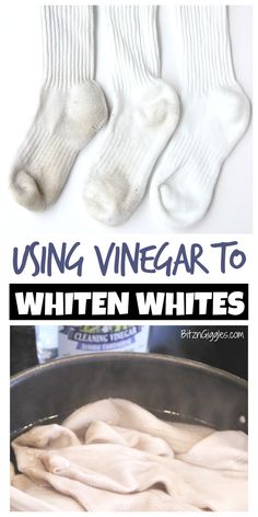 three white socks in a pan with text overlay reading using vinegar to whiten whites