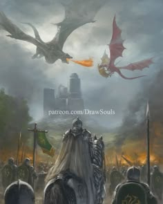 a group of people standing next to each other in front of a castle with dragon flying over them