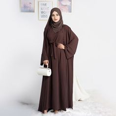 12 Color Options 2 Pieces Set Abaya Dress Muslim Women Clothing Suit W – urgarment Modest Long Abaya For Fall, Solid Color Long Maxi Dress For Eid, Modest Maxi Length Abaya For Fall, Fall Season Modest Maxi Length Abaya, Fall Modest Maxi Length Abaya, Modest Long Abaya For Eid, Fall Solid Color Maxi Length Abaya, Modest Long Brown Maxi Dress, Modest Maxi Length Thobe For Eid