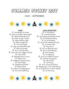 a printable summer bucket list with sun and stars in the background, on top of a