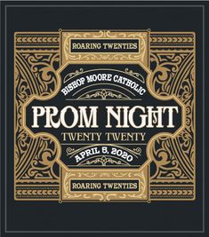 the front cover of prom night at roaring twenties's, featuring an ornate gold and black