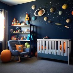 a child's room with planets on the wall and a crib in the foreground