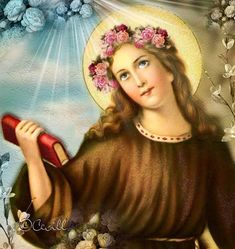 an image of the immaculate mary with flowers in her hair and holding a red book