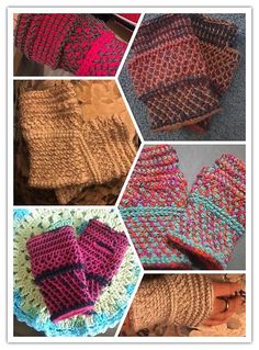 several pictures of different knitted mittens and gloves in various colors, shapes and sizes