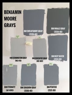 the shades of gray paint are shown in different sizes and colors with labels on them