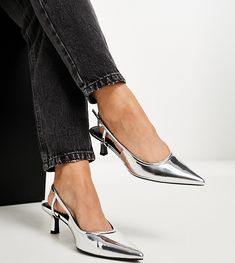 Shoes by ASOS DESIGN Dress from the feet up Slingback strap Peep toe Flared heel Wide fit Heel Ideas, Kitten Heel Wedding Shoes, Silver Wedding Shoes, Play Clothes, Kitten Heel Shoes, Mid Heel Shoes, Patent Shoes, Bridesmaid Shoes, Silver Heels