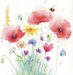 a watercolor painting of flowers with a bee flying over the top one flower is red, yellow and purple