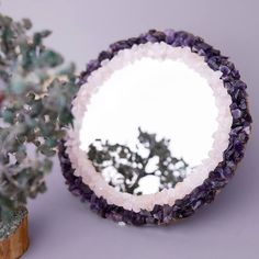 a mirror sitting next to a potted plant on top of a purple tablecloth