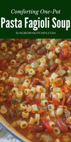 pasta fagioi soup in a pot with the title overlay reading comforting one - pot pasta fagioi soup