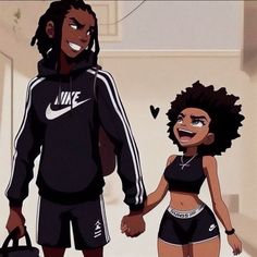 two cartoon characters are holding hands and walking down the hallway together, one is wearing a black nike hoodie