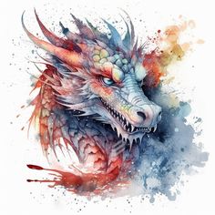 a watercolor painting of a dragon head