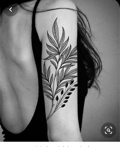 a black and white photo of a woman's arm with a plant tattoo on it