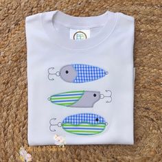 Fishing Lure Appliqué Shirt with Embroidered Name Please include the name to be embroidered in the notes at checkout. Newborn Bodysuit, Body Suit With Shorts, Embroidered Name, Applique Shirts, Fishing Lure, Fishing Lures, Fashion Tees, Banks, Long Sleeve Tees