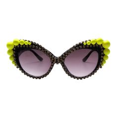 Cateye MITCHELL sunglasses with neon yellow pearls and crystal chain trim Diy Sunglasses, Bling Sunglasses, Celebrity Sunglasses, Unique Eyewear, Funky Glasses, Beautiful Glasses, Jimi Hendrix Experience, Throwing Shade, Unique Sunglasses