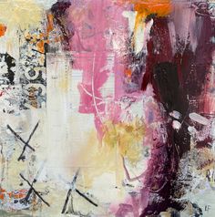 an abstract painting with pink, yellow and white colors on it's surface is shown