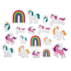 unicorn stickers with rainbows and clouds in the background, on a white surface