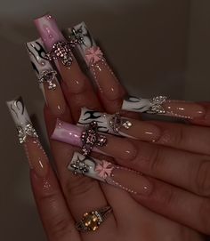 Gemmed Out Nails, Black Cooking Recipes, Chicano Nails Designs, Akasha Core, Nail Salon Nail Designs, Y2k Acrylics, Rockstar Nails Acrylic, Early 2000s Nail Designs, Long Y2k Nails