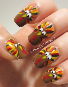 Nail art is spreading its wings across the globe, no one is saved from this plague of fashion which is holding us in its firm grip and we cannot think of oursel Turkey Nail Art, Turkey Stickers, Holiday Nails Thanksgiving, Feather Nail Art, Stickers For Nails, Thanksgiving Nail