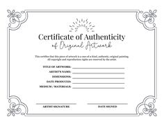 certificate of authenticity for an artist