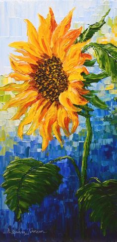 a painting of a sunflower on a blue background