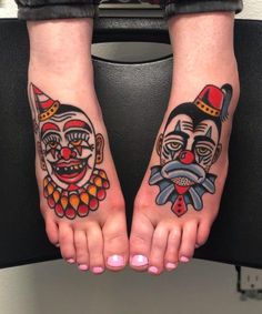 two people with tattoos on their feet and one is wearing clowns'faces, while the other has a clown's head