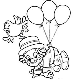 a cartoon clown flying with balloons and a bird on his head coloring page for kids