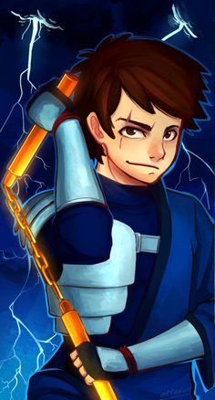 a cartoon character holding a large metal object in his hand and lightning behind him,