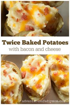 two baked potatoes with cheese and bacon on top