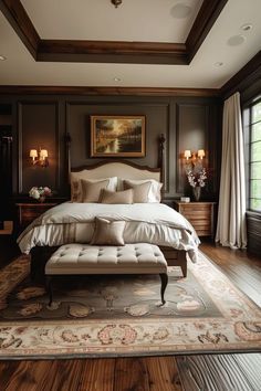 #homedecor, #interiordesign, #homedesign, #decor inspiration Parisian Master Suite, Modern Vintage Bedroom Design, Dark Great Room, Elegant Cottage Bedroom, Cozy Bedroom Furniture Ideas, Moody Luxury Bedroom, Bed Rooms Ideas Cozy, Traditional Master Bedrooms Decor, Modern Victorian Decor Bedroom