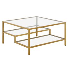 a glass and gold coffee table with two shelves on the bottom one shelf is empty