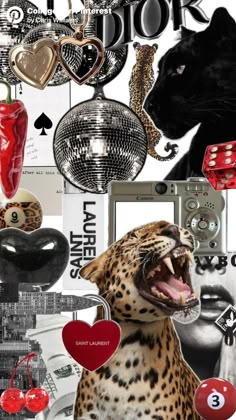 a collage of various objects including a leopard and hearts