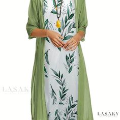 Lasaky - Premium Plus Size Womens Casual Outfit Set: Solid Three Quarter Sleeve Open Front Cardigan with Leaf Print Round Neck Tank Dress Estilo Hipster, Womens Fall Dress, Round Neck Dresses, Crewneck Dress, Elegant Dresses Long, Vanuatu, Vestido Casual, Mongolia, Sierra Leone