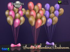 three balloons with pink, purple and gold colors are in front of a purple background