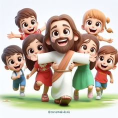 a group of cartoon jesus and children with their arms around each other in front of a white background