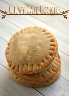 three pies stacked on top of each other with the words chewy date cookies above them