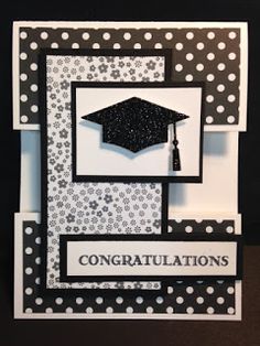 congratulations card with black and white polka dots, graduation cap on the top of it