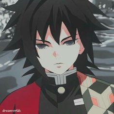 an anime character with black hair wearing a red and black outfit looking at the camera