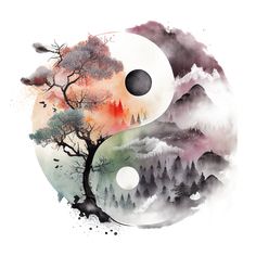 the yin symbol is painted in watercolor and ink on paper with trees, mountains, and clouds