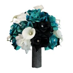 a bridal bouquet with blue and white flowers on it's side, in front of a white background