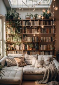 a living room filled with lots of furniture and bookshelves next to a window