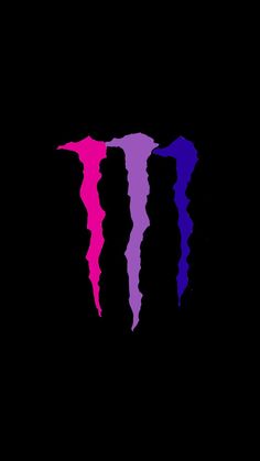 the monster logo in purple and pink on a black background, it appears to be painted