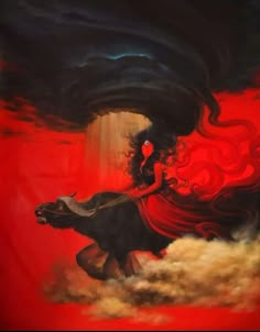 a painting of a woman riding on the back of a black bull with red background