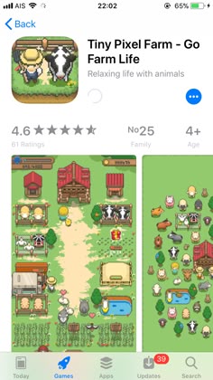 the farm life app on an iphone, with two screens showing different animals and their surroundings