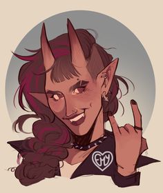 a drawing of a woman with horns on her head making the peace sign and smiling