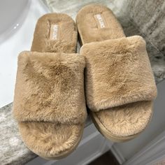 Tan Platform Slippers - Never Worn Fuzzy Slippers, Platform Slippers, Slippers, Women Shoes, Women Shopping, Color