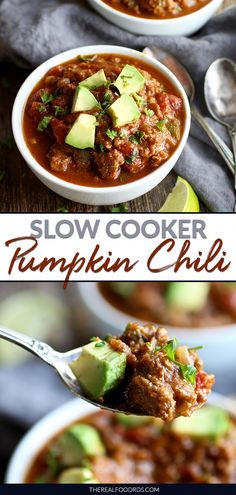 slow cooker pumpkin chili with meat and avocado