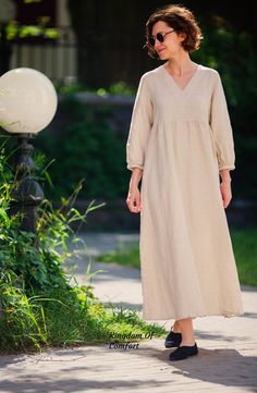 "Linen dress GRETA available in 30 color. Handmade from soft stonewashed organic linen. Breathable lightweight this dress is perfect for any occasion. - - - - - - - - - - - - - - - - - - - - - - - - - - - - - Important * Kindly note in reality, the color may be brighter or darker, depending on the resolution and technical capabilities of your computer * Please select the color you like in the drop-down menu * If you need help with determining the color, just contact us * For the colors \"striped Linen European Outfit, Linen Dress Elegant Classy, Maxi Dress Modest, Biblical Costumes, Dress Stitching, Modest Dressing, Linen Loose Dress, Linen Dresses For Women, Dress Deep V Neck