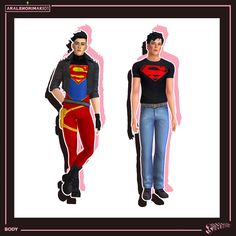 two men in superman costumes standing next to each other on a white background with pink border