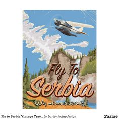 an airplane flying over a mountain with the words fly to serebia on it