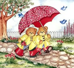 two teddy bears are walking under an umbrella